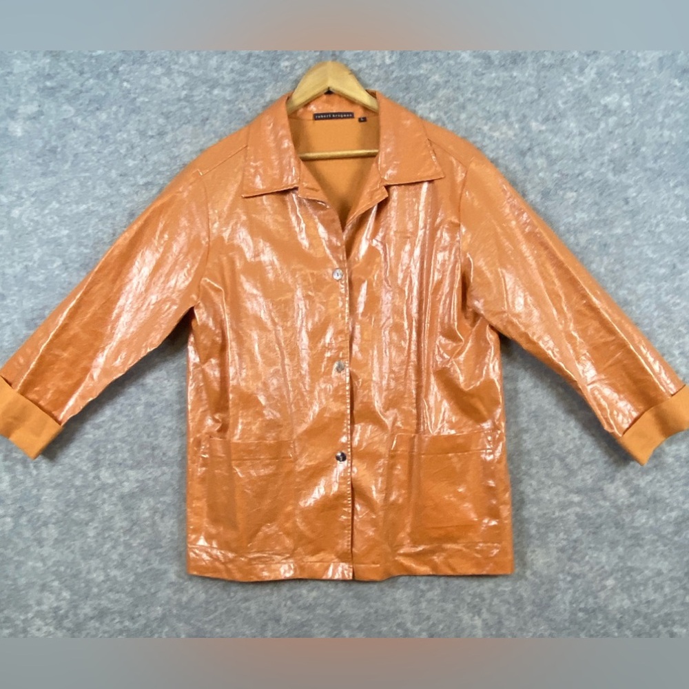 Robert Krugman Vintage Waxed 100% Linen Jacket‎ Women’s Sz L Orange Button Front